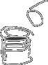 Stylized black and white drawing of an open cylindrical container with a lid suspended above it via a wire or attachment