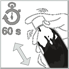 Technical drawing showing a hand applying a product to the skin with a timer indicating 60 seconds and a double directional arrow