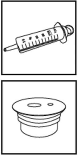 Black and white technical drawing of a syringe with graduated scale and a circular cap with central hole on a white background