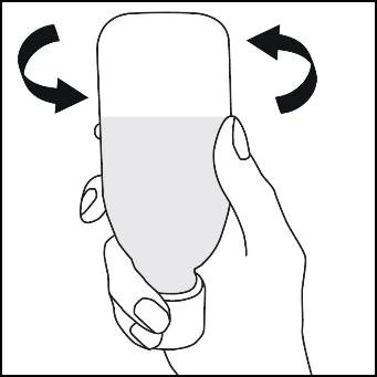 A hand holding a vial with two curved arrows indicating a rotational movement to shake the contents