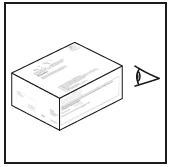 Perspective technical drawing of a white rectangular box with text and an eye-shaped symbol on the right