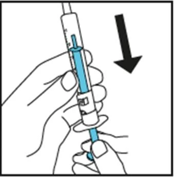 A hand holding a syringe with blue liquid while another element is implied