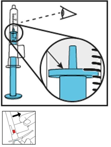 Technical schematic of a syringe with enlargement of the blue liquid level and detail of a hand handling the device with a red indicator