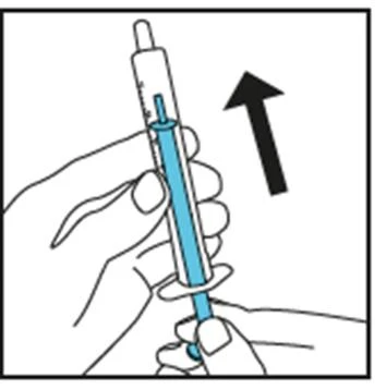 A hand holding a syringe with blue liquid while a black arrow indicates movement toward the patient
