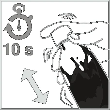 Icon of a timer with circular arrow and text '10 s' next to a hand vigorously shaking a medical vial with a double-headed arrow