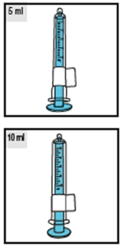 Two vertical illustrations of syringes with blue liquid, one 5 ml and one 10 ml, with graduated markings and white plunger