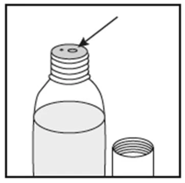 Technical drawing of a glass vial with liquid inside