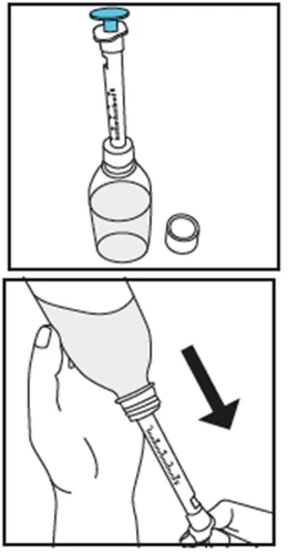 Technical drawing of a syringe with needle drawing liquid from a glass vial and a hand tilting the vial to aspirate the medication