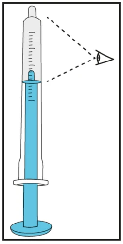 Diagram of a syringe with blue liquid and a stylized eye observing the liquid level through dashed lines