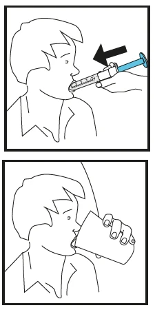 Line drawing showing a person taking liquid medication via an oral syringe and then drinking from a glass