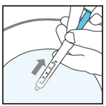 A hand holding an injection pen with a gray arrow indicating the direction of movement toward the skin for administration