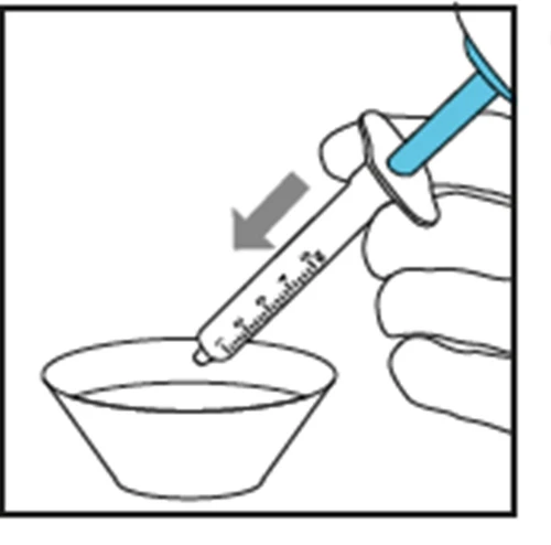 A hand holding a tilted syringe with a gray arrow indicating movement toward a bowl containing a clear liquid