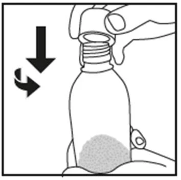 A hand rotating and pressing downward the cap of a medical vial, indicated by a black vertical curved arrow