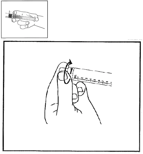 Dibujo técnico que muestra una mano sosteniendo una jeringa graduada y una flecha curva que indica el movimiento de rotación del dispositivo