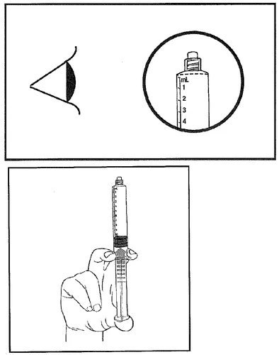 Technical drawing showing an eye, a magnified syringe with a millimetric scale, and a hand holding a syringe filled with liquid