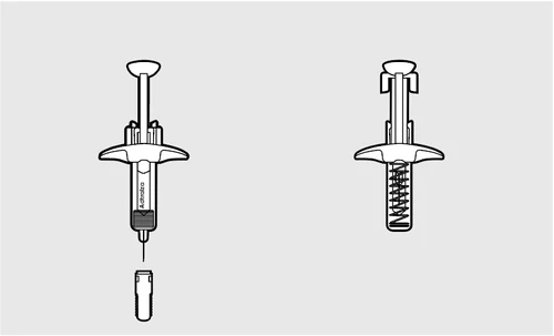 Dibujo técnico de dos jeringas precargadas con aguja, una con el cuerpo lleno de líquido y la