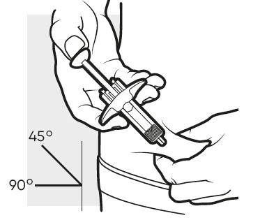 Dibujo técnico que muestra una mano sosteniendo un dispositivo médico inclinado a 45 o 90 grados respecto a la piel del brazo