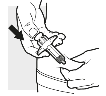 Dibujo en blanco y negro que muestra una mano presionando un dispositivo médico sobre la piel del brazo con una flecha negra dirigida hacia abajo
