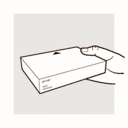 Una mano sostiene una caja rectangular blanca con inscripciones negras relativas al lote y fecha de caducidad y un símbolo triangular en el lado superior