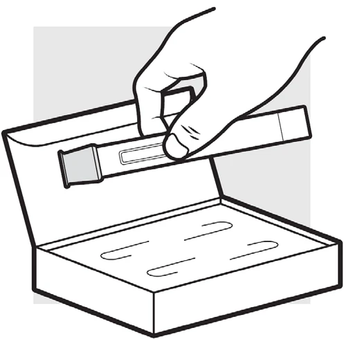 Una mano saca una pluma inyectora de una caja abierta que contiene alojamientos para las plumas