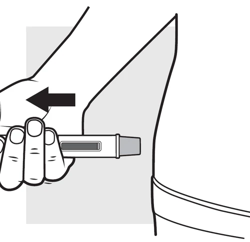 Dibujo esquemático de una mano que sostiene una pluma inyectora horizontalmente contra la parte superior del muslo con una flecha negra hacia la izquierda