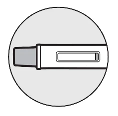 Dibujo estilizado en blanco y negro de un dispositivo médico rectangular con una ventana transparente central sobre fondo circular gris