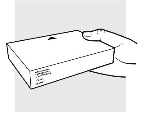 Dibujo lineal de una mano que sostiene una caja rectangular con inscripciones técnicas y una flecha negra en la parte superior