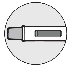 Dibujo estilizado en blanco y negro de un dispositivo médico horizontal con una ventana rectangular central sobre fondo circular gris