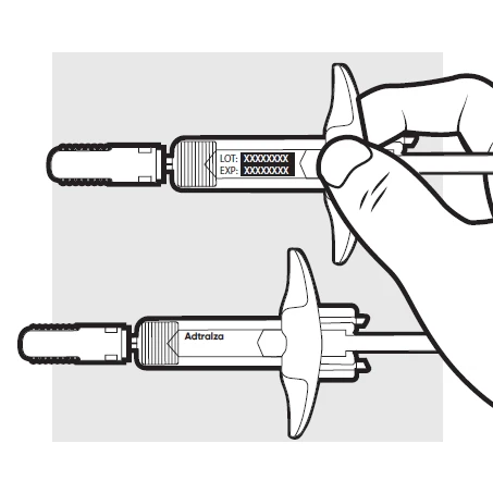Dibujo técnico de una mano que sostiene una pluma inyectora con las inscripciones LOT y EXP, y una segunda pluma con el nombre Adtralza