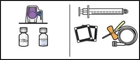 Medical devices including a syringe, two glass vials, a measuring device, and a flexible tube with a connector
