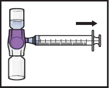Diagram showing a horizontal syringe connected to a glass vial via a purple connector, with a black arrow indicating movement to the right
