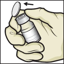 Two hands hold a glass vial while a black arrow indicates the motion to remove the upper metal cap