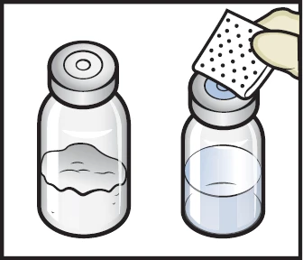 A hand holds a perforated disk over the stopper of a glass vial next to a second vial containing white powder