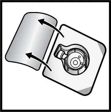 Diagram showing the peeling away of a tab from a square base, indicated by two curved arrows showing the movement