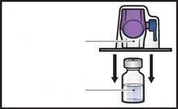Diagram showing a purple medical device on a surface with arrows indicating liquid transfer into a glass vial