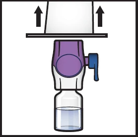 Technical drawing of a purple medical device detaching from a glass vial containing a clear liquid, with black arrows pointing upward