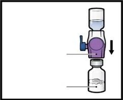 Diagram showing the connection between an upper liquid container, a purple valve device, and a lower glass vial