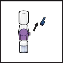 Diagram showing a medical device composed of an upper transparent container, a central purple body, and a base containing liquid