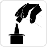 Two stylized black hands holding and lifting the cap of a medical vial placed on a flat base