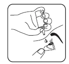 Line drawing showing a hand applying a drop of liquid onto the skin of the face near the eye