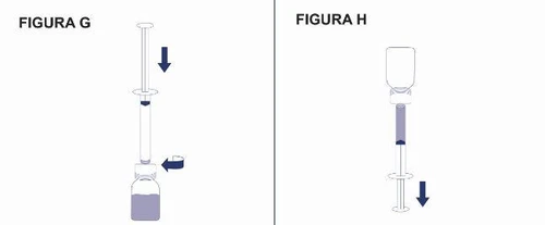 Medical diagrams showing a syringe with plunger moving downward into a vial in Figure G and a syringe with plunger moving downward in Figure H