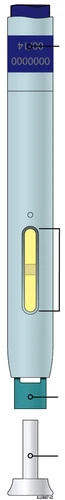 Dispositivo médico en forma de pluma con cuerpo azul, ventana central amarilla para control del líquido e indicadores numéricos en la parte superior