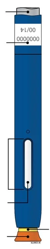 Dibujo técnico de una pluma inyectora azul con etiqueta blanca que muestra números, una ventana de control ovalada y base naranja con indicadores
