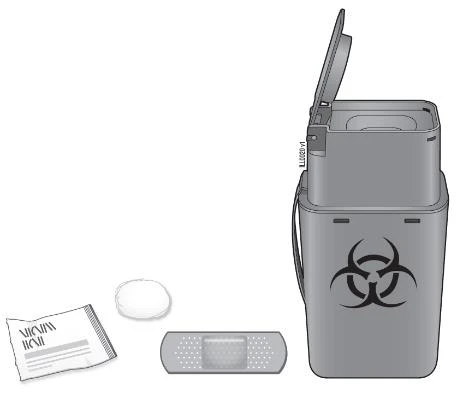 Contenedor para residuos biológicos con símbolo de riesgo biohazard, una bolsita abierta, una tirita y un disco de algodón blanco