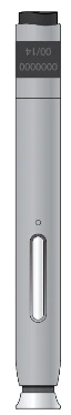 Pluma inyectora médica cilíndrica gris con ventana de control superior, botón de activación alargado y base cónica plateada