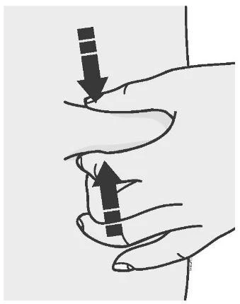 Dibujo esquemático en blanco y negro que muestra dos flechas negras que indican la dirección de la presión aplicada entre los dedos de una mano