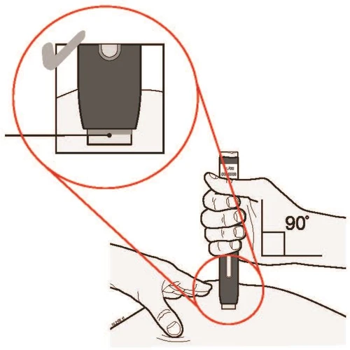 Diagrama médico que muestra una mano sosteniendo una pluma inyectora a 90 grados contra la piel con un aumento del detalle del dispositivo