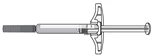 Dibujo técnico de una jeringa horizontal con cuerpo cilíndrico transparente, émbolo blanco y ala de apoyo central para su manipulación