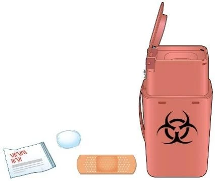 Contenedor rojo para residuos biológicos con símbolo de riesgo biológico, una tirita adhesiva, una gasa y una bolsita blanca sobre fondo neutro