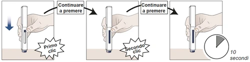 Secuencia de tres ilustraciones que muestran una mano presionando un dispositivo médico contra la piel con indicaciones de clic y espera de 10 segundos